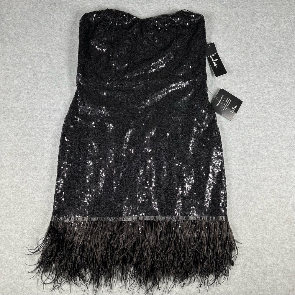 Lulu's Call Me Maybe Strapless Mini Bodycon Dress Sequin Feather Lined